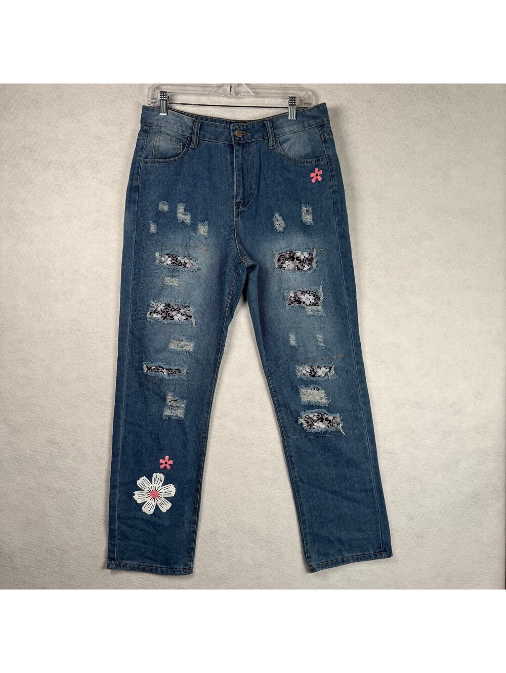Blue Denim Distressed Patchwork Jeans with Floral Accents